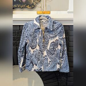 St. John Paisley Cotton Zip up jacket women's small blue white zipper